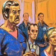 Este boceto de la sala del tribunal muestra al depuesto dictador de Venezuela, Nicolás Maduro