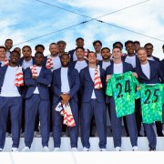 La selección nacional de Estados Unidos posa en el evento de anuncio de la convocatoria este martes 26 de mayo.