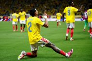Daniel Muñoz, número 2 del ranking, celebra el primer gol de su equipo durante el partido de fútbol del Grupo K del Mundial 2026 entre Colombia y la República Democrática del Congo