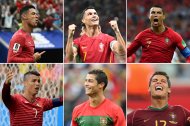 (COMBO) This combination of pictures created on June 23, 2026, shows (L to R) Portugal's forward #07 Cristiano Ronaldo celebrating after scoring during the 2026 World Cup Group K football match between Portugal and Uzbekistan at the Houston Stadium in Houston on June 23, 2026; Ronaldo celebrating scoring his team's first goal during the Qatar 2022 World Cup Group H football match between Portugal and Uruguay at the Lusail Stadium in Lusail, north of Doha on November 28, 2022; Ronaldo celebrating a goal during the Russia 2018 World Cup Group B football match between Portugal and Spain at the Fisht Stadium in Sochi on June 15, 2018; Ronaldo reacting during the World Cup Group G football match between Portugal and Ghana at the Mane Garrincha National Stadium in Brasilia on June 26, 2014; Ronaldo celebrating after scoring the sixth goal during the 2010 World Cup Group G first round football match between North Korea and Portugal at Green Point stadium in Cape Town on June 21, 2010; and Ronaldo celebrating after scoring a goal during the World Cup 2006 group D football game Portugual vs Iran at Frankfurt stadium on June 17, 2006. Under-fire Portugal superstar Cristiano Ronaldo silenced his critics as he became the first man to score in six different World Cups on June 23, 2026.