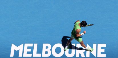 Carlos Alcaraz of Spain celebrates scoring during the men's singles 2nd round match against Yannick Hanfmann of Germany at the Australian Open tennis tournament in Melbourne, Australia.