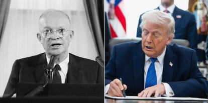 Montaje de fotos con los presidentes Dwight D. Eisenhower y Donald Trump en el Salón Oval.