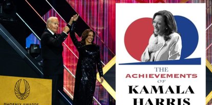 Montaje con la portada del libro 'Los logros de Kamala Harris' junto a Joe Biden y la vicepresidente durante la gala de los Phoenix Awards..