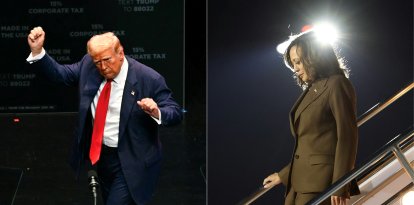 Elecciones presidenciales 2024 | Donald Trump hace gestos de victoria y Kamala Harris desciende de un avión.