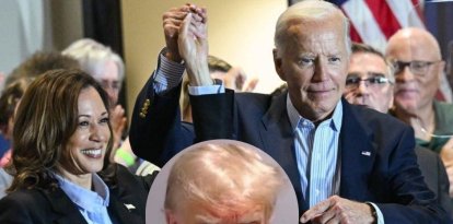 Elecciones Presidenciales 2024 | Harris y Biden en un acto con una foto del mugshot de Trump.