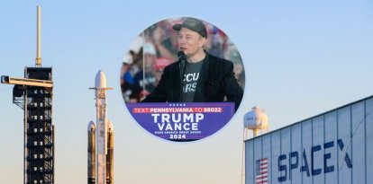 SpaceX: montaje de una nave espacial de SpaceX preparada para despegar en Florida y una fotografía de Elon Musk dando un discurso a favor de Donald Trump.