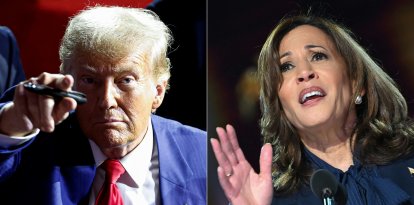 Elecciones Presidenciales 2024 | Donald Trump señala y Kamala Harris gesticula durante la campaña.