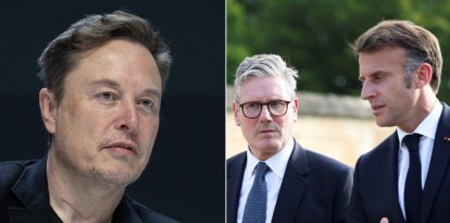 Montaje de Elon Musk y los mandatarios europeos Keir Starmer y Emmanuel Macron