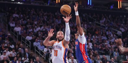 Apr 29, 2025; New York, New York, USA; New York Knicks guard Jalen Brunson (11) drives past Detroit Pistons forward Ausar Thompson (9) in the first quarter during game five of first round for the 2025 NBA Playoffs at Madison Square Garden. Mandatory Credit: Wendell Cruz-Imagn Images/Sipa USA *** Local Caption *** 61089712