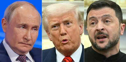 Vladimir Putin (i); Donald Trump (c) y Volodímir Zelenski (d) en una imagen de archivo