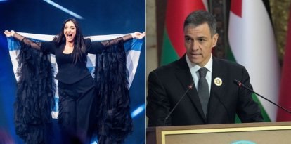 La artista israelí Yuval Raphael, en Eurovisión 2025, y Pedro Sánchez