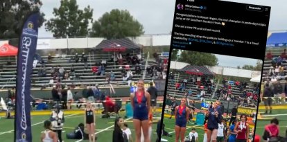 Reese Hogan, en el primer cajón del podio junto al post de Riley Gaines en el que se ve al deportista trans AB Hernández celebra su victoria.