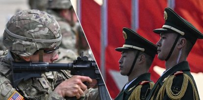 Un soldado estadounidense, en un entrenamiento. Dos soldados chinos, en un desfile