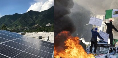 Montaje con paneles solares y disturbios contra el ICE en LA