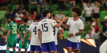 AUSTIN, TX - JUNE 19: United States defender Chris Richards (3) gets a high five from United States midfielder Johnny Cardoso (15) after winning the Concacaf Gold Cup Group stage match between United States and Saudi Arabia on June 19, 2025, at Q2 Stadium in Austin, TX. (Credit Image: © David Buono/Icon SMI via ZUMA Press)