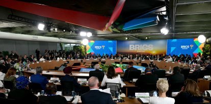 General view during the BRICS summit second plenary session in Rio de Janeiro, Brazil, on July 6, 2025. BRICS leaders descended on sunny Rio de Janeiro, but issued a dark warning that US President Donald Trump's "indiscriminate" import tariffs risk hurting the global economy, warning they are illegal and arbitrary, according to a final summit statement.