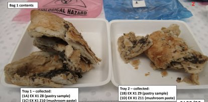 Esta foto sin fecha del Tribunal Supremo de Victoria publicada el 7 de julio de 2025 muestra una foto comentada de platos que contienen muestras de una comida de ternera Wellington con setas tóxicas preparada por la cocinera casera australiana Erin Patterson, durante un análisis toxicológico en el Instituto Victoriano de Medicina Forense. Una mujer australiana asesinó a los padres y a la tía de su marido añadiendo setas tóxicas a su comida de buey Wellington, según declaró un jurado el 7 de julio en el punto álgido de un juicio seguido en todo el mundo. Patterson organizó una comida íntima en julio de 2023 que empezó con bromas y oraciones sinceras, pero acabó con tres invitados muertos.
