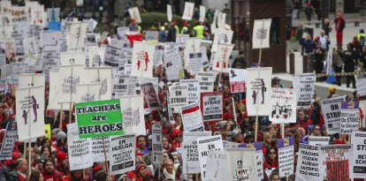 Teachers and supporters gather for the rally on the first day of strike by the Chicago Teachers Union on October 17, 2019 in Chicago