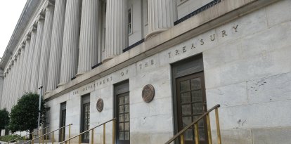 View of the U.S. Department of the Treasury in Washington shows the east side entrance to federal building.