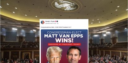 Montaje con la Cámara de Representantes y la felicitación de Trump a Van Epps