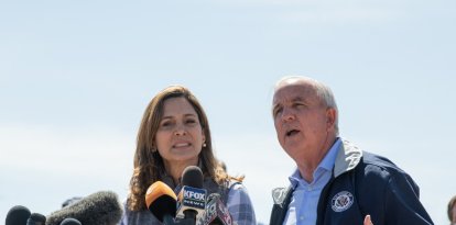 Congressman Carlos Gimenez (FL-26) addresses the press during the congressional border delegation visit to El Paso, Texas on March 15, 2021. President Joe Biden faced mounting pressure Monday from Republicans over his handling of a surge in migrants -- including thousands of unaccompanied children -- arriving at the US-Mexican border. Republican Congressman Kevin McCarthy of California, who leads his party in the House of Representatives, told reporters last week the "crisis at the border is spiraling out of control.""It's entirely caused by the actions of this administration," said McCarthy. (Photo by Justin Hamel / AFP)