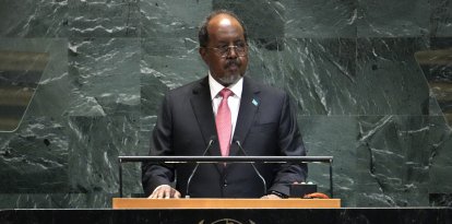 Somali President Hassan Sheikh Mohamud speaks during the United Nations General Assembly at UN headquarters in New York City on September 25, 2025. (Photo by TIMOTHY A. CLARY / AFP)
