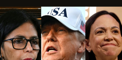 Collage de fotos con Delcy Rodríguez, Donald Trump y María Corina Machado