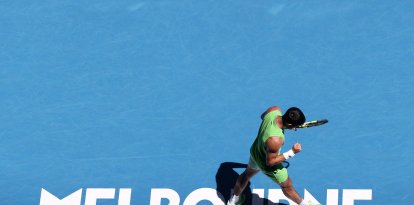 Carlos Alcaraz of Spain celebrates scoring during the men's singles 2nd round match against Yannick Hanfmann of Germany at the Australian Open tennis tournament in Melbourne, Australia.
