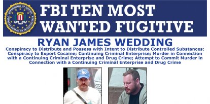 This image released by the FBI shows the wanted poster for former Olympian Ryan James Wedding