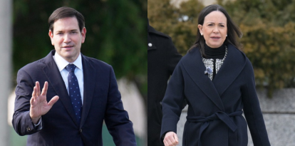 El secretario de Estado Marco Rubio (d) y la opositora María Corina Machado (i)