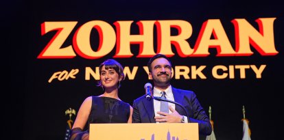 New York City Mayoral Zohran Mamdani (R) and his wife Rama Duwaji (L)