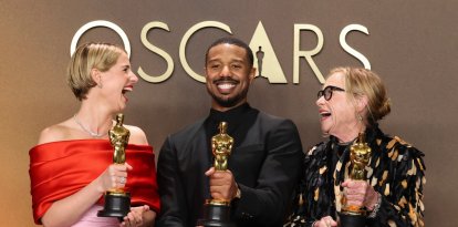 (L/R) Irish actress Jessie Buckley, Oscar winner for Best Actress in a Leading Role for "Hamnet,"US actor Michael B. Jordan, Oscar winner for Best Actor in a Leading Role for "Sinners," and US actress Amy Madigan, Oscar winner for Best Actress in a Supporting Role for "Weapons," pose in the press room during the 98th Annual Academy Awards at the Dolby Theatre in Hollywood, California on March 15, 2026. (Photo by VALERIE MACON / AFP)