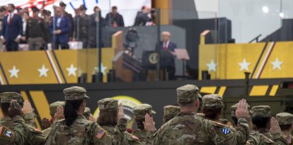 U.S. Army soldiers recite the oath of enlistment during the Army's 250th Birthday Parade in Washington D.C. June 14, 2025. The U.S. Army's 250th birthday celebration honors the sacrifices, achievements, and true spirit of American warriors through three distinct categories: Heroes, Legacy & Nostalgia.