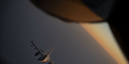 A U.S. Air Force F-16 Fighting Falcon departs after being refueled over the U.S. Central Command area of responsibility November 13, 2024. Fighting Falcons are one of the multi-role fighters supporting CENTCOM’s focus on deterring Iran and its proxies, while defending U.S. forces, allies, and partners. (U.S. Air Force photo by Staff Sgt. William Rio Rosado)