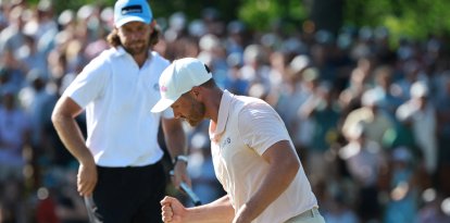 Wyndham Clark reacts to his putt on the 18th green during the final round of The Memorial Tournament presented by Workday at Muirfield Village Golf Club in Dublin, Ohio, USA on Sunday, June 7, 2026. (Photo by Jorge Lemus/NurPhoto) (Photo by Jorge Lemus / NurPhoto via AFP)