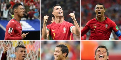 (COMBO) This combination of pictures created on June 23, 2026, shows (L to R) Portugal's forward #07 Cristiano Ronaldo celebrating after scoring during the 2026 World Cup Group K football match between Portugal and Uzbekistan at the Houston Stadium in Houston on June 23, 2026; Ronaldo celebrating scoring his team's first goal during the Qatar 2022 World Cup Group H football match between Portugal and Uruguay at the Lusail Stadium in Lusail, north of Doha on November 28, 2022; Ronaldo celebrating a goal during the Russia 2018 World Cup Group B football match between Portugal and Spain at the Fisht Stadium in Sochi on June 15, 2018; Ronaldo reacting during the World Cup Group G football match between Portugal and Ghana at the Mane Garrincha National Stadium in Brasilia on June 26, 2014;  Ronaldo celebrating after scoring the sixth goal during the 2010 World Cup Group G first round football match between North Korea and Portugal at Green Point stadium in Cape Town on June 21, 2010; and Ronaldo celebrating after scoring a goal during the World Cup 2006 group D football game Portugual vs Iran at Frankfurt stadium on June 17, 2006. Under-fire Portugal superstar Cristiano Ronaldo silenced his critics as he became the first man to score in six different World Cups on June 23, 2026.