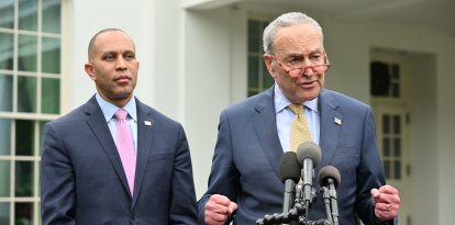 US Senate Majority Leader Chuck Schumer (D-NY) and US House Minority Leader Hakeem Jeffries (D-NY) speak to members of the media following a meeting on the debt limit with US President Joe Biden, not pictured, at the White House in Washington, DC, on May 16, 2023. (Photo by Mandel NGAN / AFP)