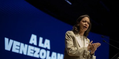 Venezuelan opposition leader and 2025 Nobel Peace Prize laureate Maria Corina Machado holds a press conference in Madrid, Spain. (Photo by David Canales/NurPhoto) (Photo by David Canales / NurPhoto via AFP)