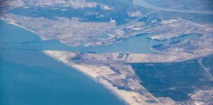 An aerial view of the port of Egypt's northern Mediterranean coastal city of Damietta.