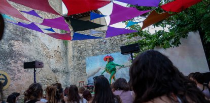 Wide view of a drag performer in a green costume on stage (Files)