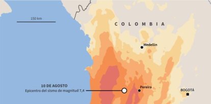 Mapa que muestra la intensidad del terremoto de magnitud 7,4 ocurrido en Colombia el 10 de agosto.