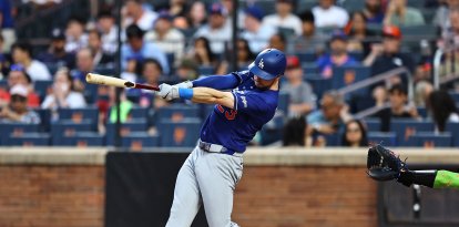 Los Angeles Dodgers player Kyle Tucker #23 hits a solo home run during the third inning of a baseball game against the New York Mets at Citi Field in Corona, New York, on July 25, 2026. (Photo by Gordon Donovan/NurPhoto) (Photo by Gordon Donovan / NurPhoto via AFP)