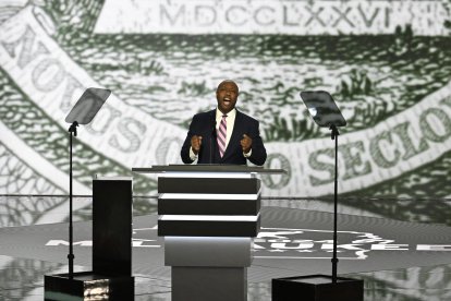 US Senator Tim Scott, Republican of South Carolina, speaks during the first day of the 2024 Republican National Convention at the Fiserv Forum in Milwaukee, Wisconsin, July 15, 2024. - Donald Trump won formal nomination as the Republican presidential candidate and picked a right-wing loyalist for running mate, kicking off a triumphalist party convention in the wake of last weekend's failed assassination attempt. (Photo by ANDREW CABALLERO-REYNOLDS / AFP)