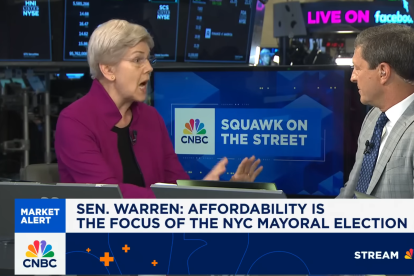La senadora demócrata Elizabeth Warren junto al presentador de noticias David Faber (Captura)