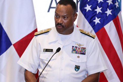 The head of the US Southern Command, Admiral Alvin Holsey, delivers a speech during the Central American Security Conference (CENTSEC25), organized by Panama and the US Southern Command, in Panama City on April 9, 2025. US Secretary of Defense Pete Hegseth arrived in Panama for the regional security summit and to reinforce the Trump administration's continued interest over the canal. (Photo by Franco BRANA / AFP)