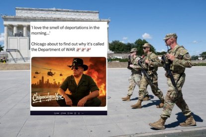 Montaje con el post de Trump junto a tropas desplegadas en DC