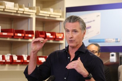 California Governor Gavin Newsom speaks during a press conference announcing $11 insulin and prescription drugs with the CalRX program inside a Cedars-Sinai pharmacy in Los Angeles, California on October 16, 2025. (Photo by Patrick T. Fallon / AFP)