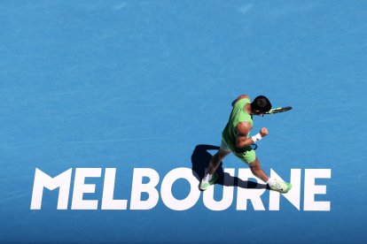 Carlos Alcaraz of Spain celebrates scoring during the men's singles 2nd round match against Yannick Hanfmann of Germany at the Australian Open tennis tournament in Melbourne, Australia.