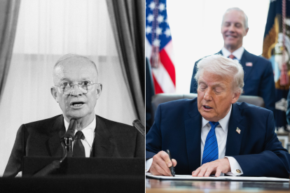 Montaje de fotos con los presidentes Dwight D. Eisenhower y Donald Trump en el Salón Oval.