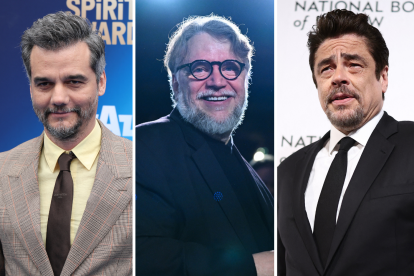 Hispanos por el Oscar 2026: Wagner Moura (I), Guillermo del Toro (C) Benicio del Toro(D)
